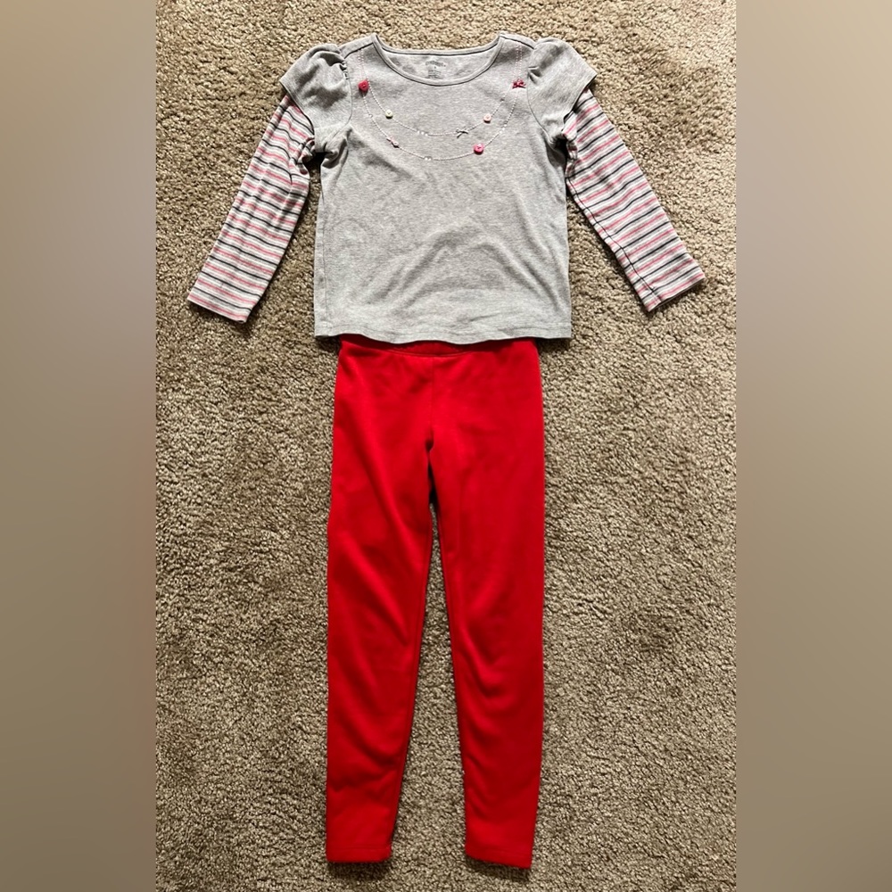 Lot of Girl Gray Long Sleeve Shirt Size 5 & Red Thick Skinny Pants Size 6
